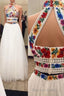 Two Piece High Neck Long Prom Dress with Appliques, Unique Sleeveless Prom Dresses