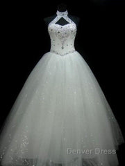 Sequin Ball Gown Sleeveless Floor Length Beading Tulle Halter Wedding Dresses