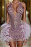 Sequined Mermaid Jewel Jersey Beading Sleeveless Mini Rhinestone Prom Dresses With Feather