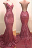 Sequins V Neck Sleeveless Spaghetti Backless Prom Dresses