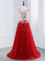 Sexy A Line Red Tulle Appliques Long Prom Dresses
