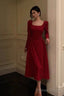 Sexy A Line Square Neckline Red Velvet Prom Dresses Birthday Outfits Prom Gowns