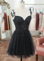 Black V Neck Beaded Tulle And Lace Prom Dress, Cute Black Homecoming Dresses