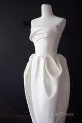 Sexy A Line Strapless Satin White Tea Length Wedding Dresses Brides Dresses