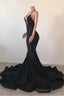 Sexy Black Mermaid Halter Backless Prom Dresses With Lace Top