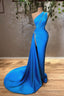 Sexy Blue One Shoulder Split Mermaid Prom Dresses With Beads