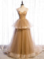 Sexy Champagne Tulle Spaghetti Straps Prom Dresses