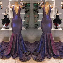 Sexy Deep V-neck Chiffon Mermaid Prom Dress Sequins Long
