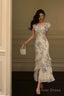 Sexy French Sheath Blue Floral Ruffles Prom Dresses Birthday Outfits Prom Gowns