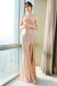 Sexy Gold Sequins High Leg Slit Straps Formal Dress, Sequins Long Party Dress Prom Dress
