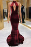 Sexy Halter Burgundy Winter Wedding Guest Dress Velvet Prom Dresses Sleeveless