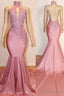 Sexy High Collar Mermaid Prom Dresses Sequins Pink Long Backless