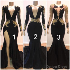 Sexy Long Sleeves Black Mermaid Prom Dress Sequins Long Deep V-neck With Split