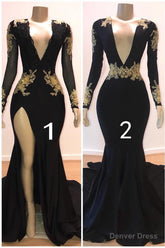 Sexy Long Sleeves Black Mermaid Prom Dress Sequins Long Deep V-neck With Split