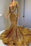Sexy Long Sleeves Gold Mermaid Prom Dresses Sequins V Neck Backless Long