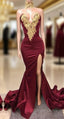 Sexy Mermaid Front-Split Lace High Neck Burgundy Prom Dresses