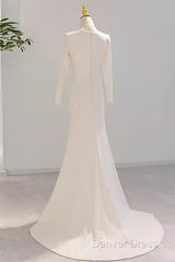 Sexy Mermaid Long Sleeves V Neckline Satin White Long Wedding Dresses Brides Dresses