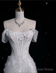 Sexy Mermaid Off The Shoulder White Lace Sequin Long Wedding Dresses Brides Dress