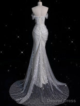 Sexy Mermaid Off The Shoulder White Lace Sequin Long Wedding Dresses Brides Dress