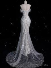 Sexy Mermaid Off The Shoulder White Lace Sequin Long Wedding Dresses Brides Dress