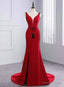 Sexy Mermaid Red Satin V Neck Backless Prom Dresses With Sash