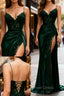 Sexy Mermaid Spaghetti Straps Dark Green Lace Backless Prom Dresses Long Party Dresses