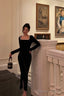 Sexy Mermaid Square Neckline Black Velvet Slit Prom Dresses Birthday Outfits