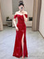 Sexy Mermaid Sweetheart Red Off The Shoulder Sequin Slit Floor Length Prom Dress
