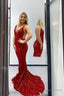 Sexy Red Mermaid Sequin Backless Long Prom Dresses
