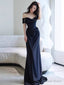 Sexy Sheath Off The Shoulder Navy Blue Satin Floor Length Prom Dress