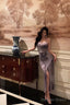 Sexy Sheath Spaghetti Straps Purple Butterfly Satin Slit Prom Dresses Birthday Outfits