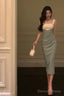 Sexy Sheath Straps Green Satin Prom Dresses Birthday Outfits Prom Gowns