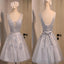 Sexy Short A-Line Deep V Neck V-Back Sleeveless Lace Up Back Organza Appliques Homecoming Dresses