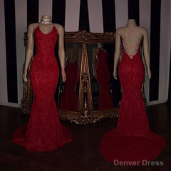 Sexy Spaghetti Straps Red Mermaid Prom Dress Sequins Chiffon Long