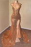 Sexy Spaghetti Straps V Neck Mermaid Prom Dresses Sequins Long Chiffon Gold With Split