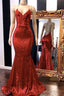 Sexy Spaghetti Straps V Neck Mermaid Prom Dresses Sequins Red Long