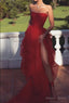 Sexy Strapless Layered Red Long Prom Dress with High Slit,Prom Dress,Dance Dresses