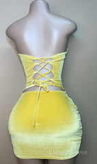 Sexy Strapless Yellow Velvet Prom Dresses ,Charming Homecoming Dresses