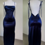 Sexy Sheath Spaghetti Straps Backless Navy Blue Satin Prom Dress