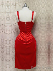 Sexy Straps Mermaid Sleeveless Satin Red Homecoming Dresses With Side Slit,