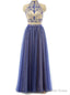 Sexy Two Piece Prom/Evening Dress Royal Blue Tulle Floor-Length Backless Beaded Party Dress