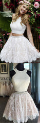 Sexy Two Pieces Halter Lace Skirt Pearls Bodice Cute Homecoming Dresses