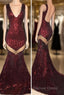 Sexy V-Neck Black Sequined Burgundy Prom Dresses