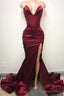 Sexy V Neck Chiffon Mermaid Prom Dresses Long With Split Burgundy