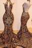 Sexy V Neck Halter Backless Mermaid Prom Dresses Gold Sequins Long Backless