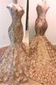 Sexy V Neck Halter Gold Mermaid Prom Dresses Sequins Backless Long