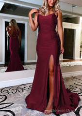 Sheath/Column Bateau Sweep Train Sleeveless Silk like Satin Prom Dresses With Pleated Split
