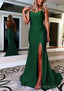 Sheath Column Bateau Sweep Train Sleeveless Silk like Satin Prom Dresses With Pleated Split