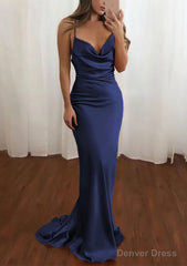 Sheath/Column Cowl Neck Spaghetti Straps Sweep Train Satin Prom Dresses