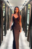Sheath Column Elastic Women Satin Prom Dress Applique V Neck Sleeveless Sweep Brush Train Prom Dresses